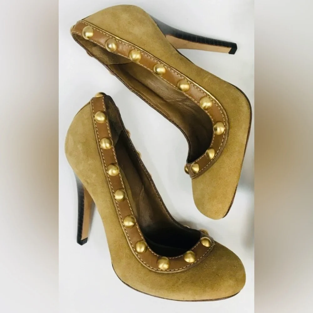Tory Burch Tan Heels with Gold Studs, Sz 8